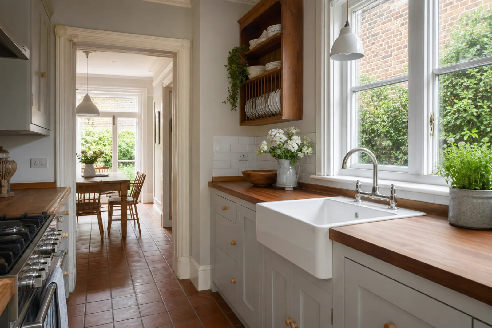 A freshly cleaned, spotless kitchen with wooden worktops and a ceramic butler sink in a British Victorian terraced house, bright overcast daylight, everything g
