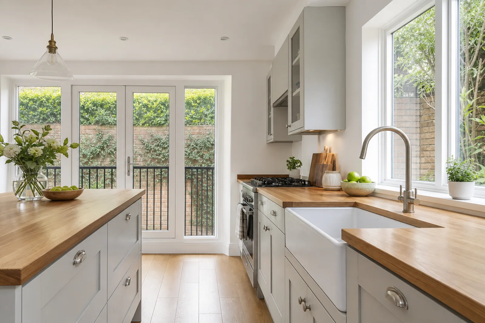 A freshly cleaned, spotless kitchen with wooden worktops and a ceramic butler sink in a British modern apartment with floor-to-ceiling windows and a Juliet balc