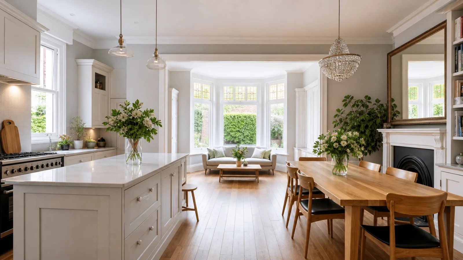 A freshly cleaned, spotless open-plan kitchen diner with oak flooring in a British Edwardian semi-detached house, bright overcast daylight, everything gleaming 