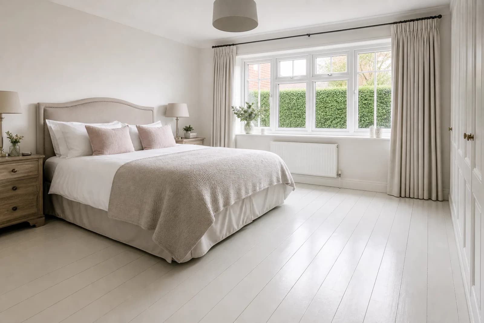 A freshly cleaned, spotless bedroom with painted floorboards and a neatly made bed in a British detached family home, bright overcast daylight, everything gleam