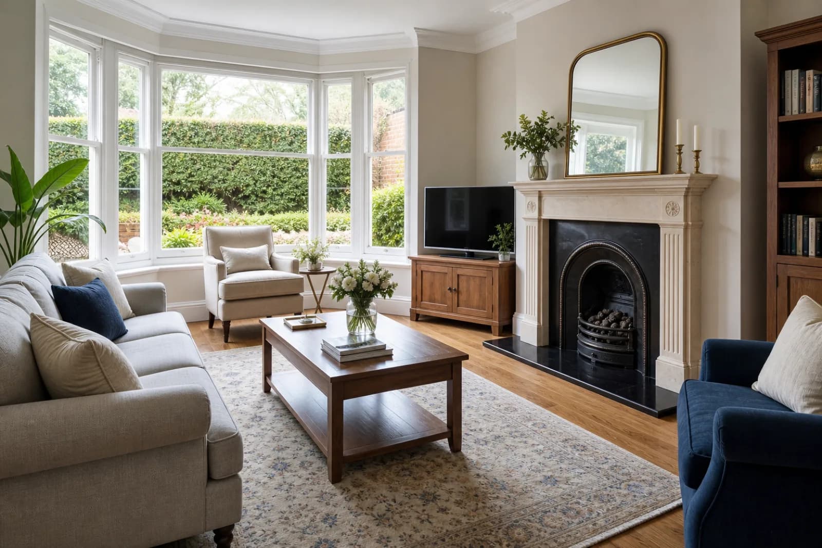 A pristine living room with a bay window and period fireplace in a British detached family home just after a professional clean, bright overcast daylight, surfa