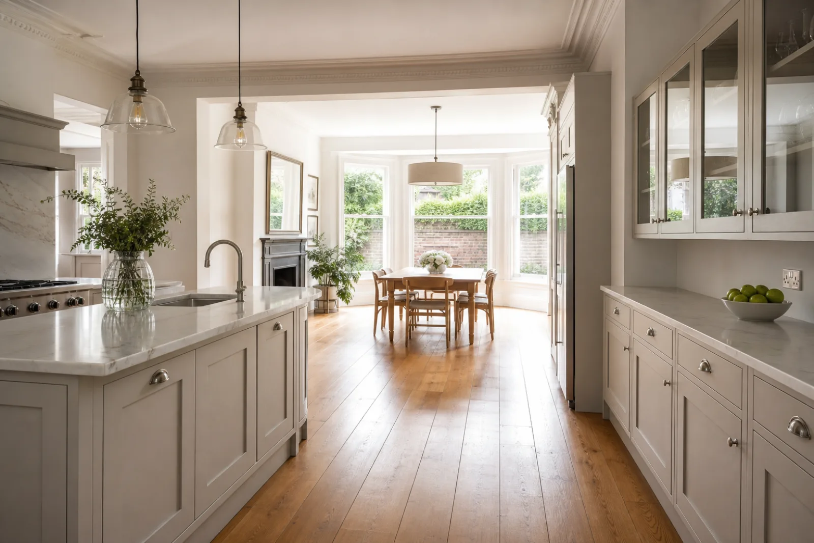 A freshly cleaned, spotless open-plan kitchen diner with oak flooring in a British Victorian terraced house
