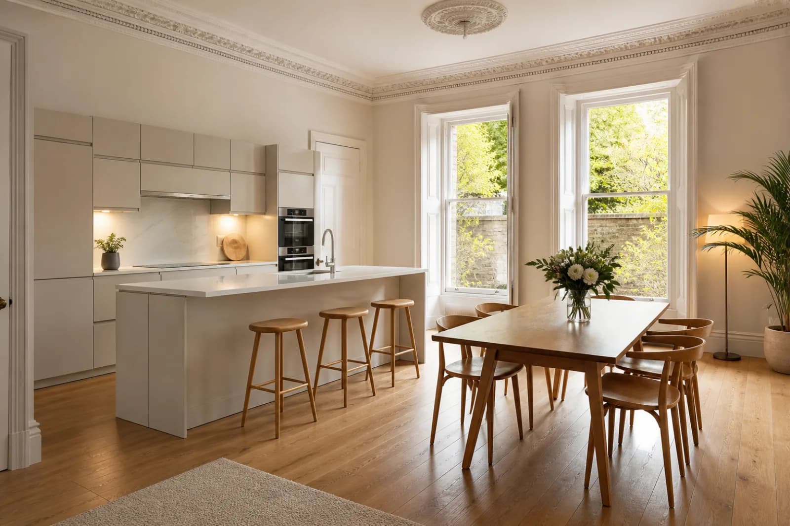 A pristine open-plan kitchen diner with oak flooring in a British converted period flat with high ceilings and cornicing just after a professional clean