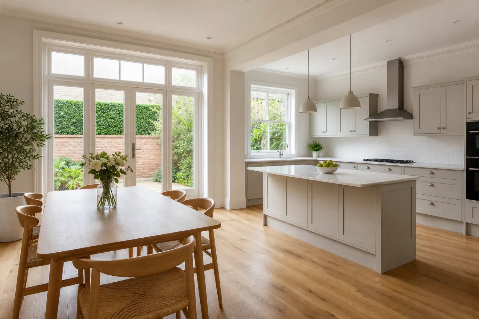 A freshly cleaned, spotless open-plan kitchen diner with oak flooring in a British Victorian terraced house, bright overcast daylight, everything gleaming and p