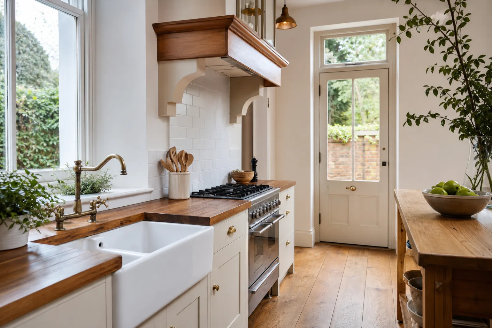 A freshly cleaned, spotless kitchen with wooden worktops and a ceramic butler sink in a British Victorian terraced house