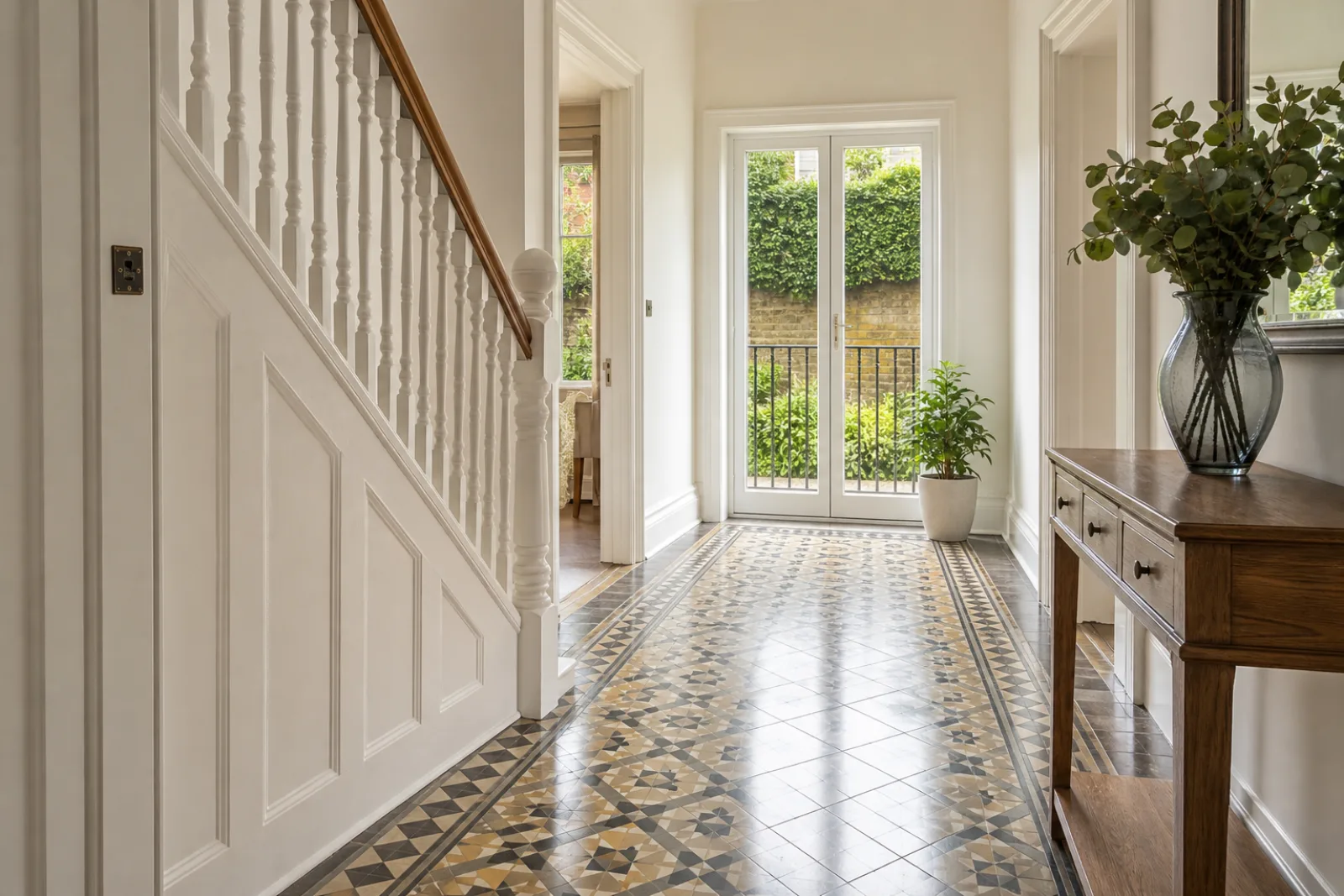 A pristine hallway with original tiled floor and white spindle staircase in a British Victorian terraced house just after a professional clean