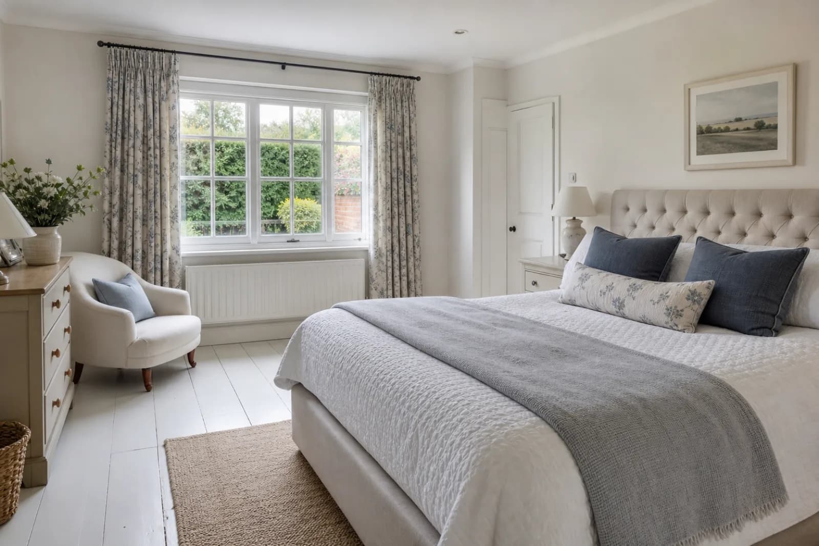 A freshly cleaned, spotless bedroom with painted floorboards and a neatly made bed in a British detached family home, bright overcast daylight, everything gleam