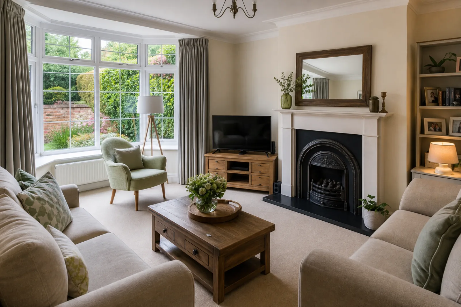 A pristine living room with a bay window and period fireplace in a British detached family home just after a professional clean, bright overcast daylight, surfa