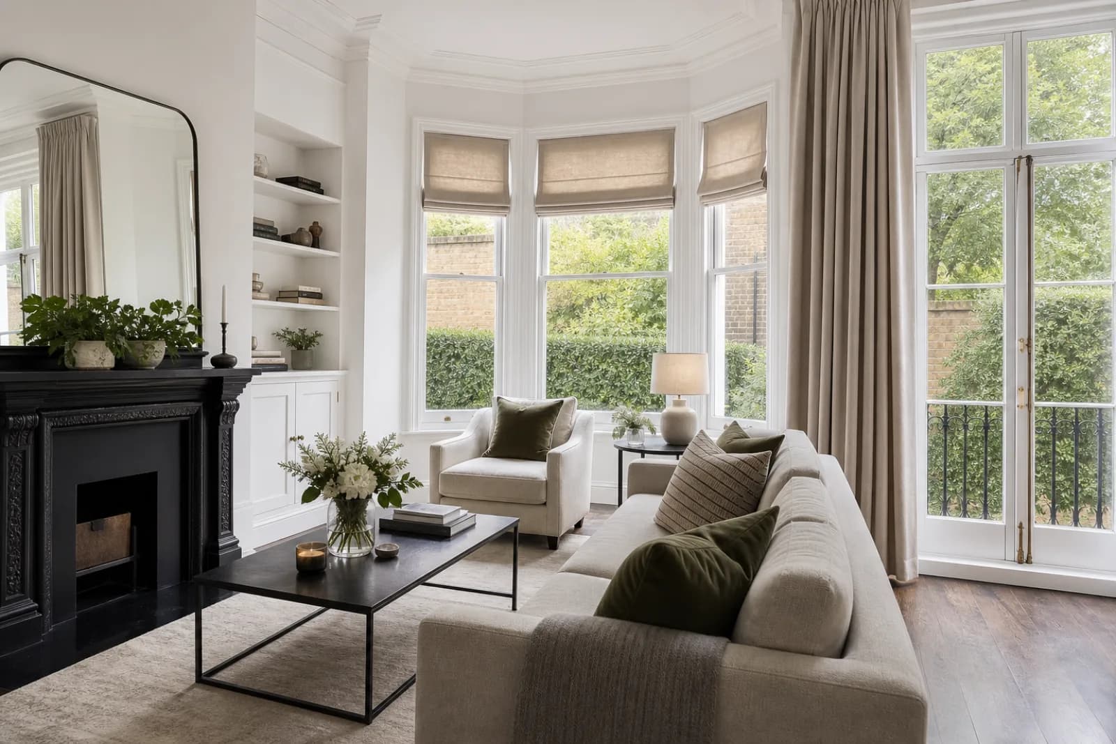 A pristine living room with a bay window and period fireplace in a British modern apartment with floor-to-ceiling windows and a Juliet balcony just after a prof