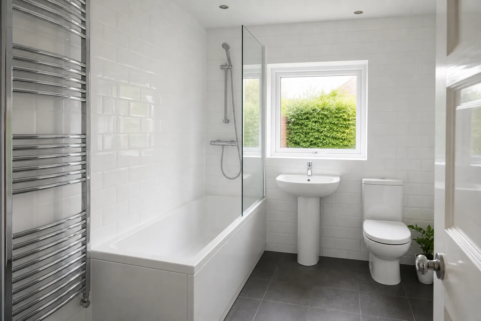 A pristine bathroom with white metro tiles and a gleaming chrome towel radiator in a British detached family home just after a professional clean, bright overca