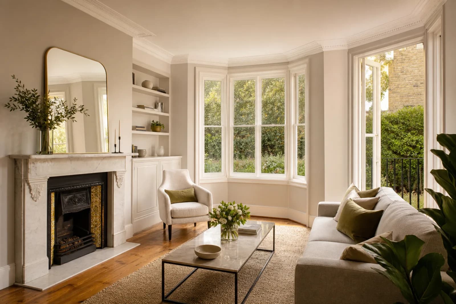 A freshly cleaned, spotless living room with a bay window and period fireplace in a British modern apartment with floor-to-ceiling windows and a Juliet balcony