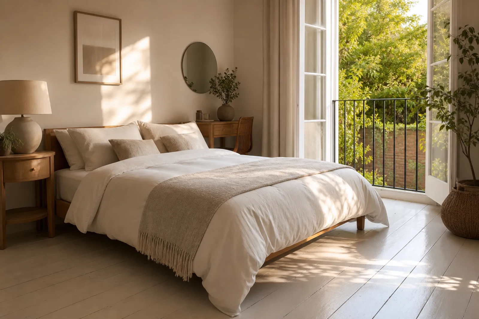 A pristine bedroom with painted floorboards and a neatly made bed in a British modern apartment with floor-to-ceiling windows and a Juliet balcony just after a 