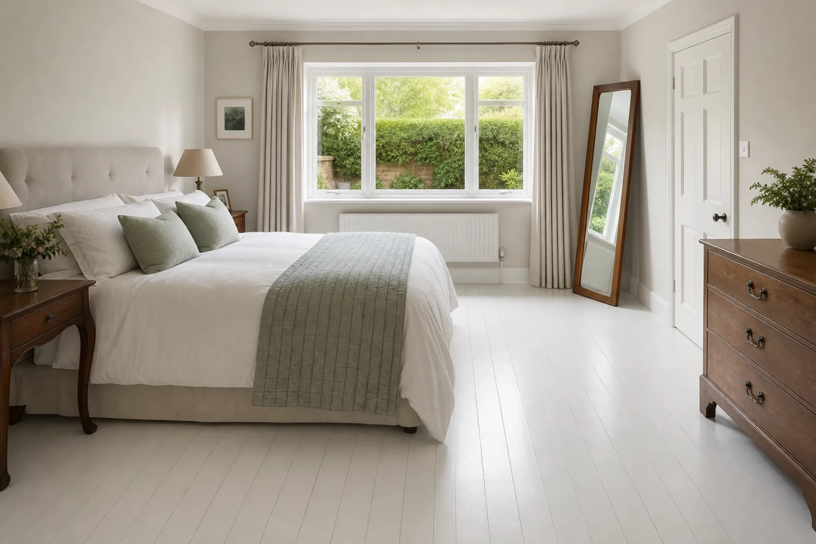 A freshly cleaned, spotless bedroom with painted floorboards and a neatly made bed in a British detached family home