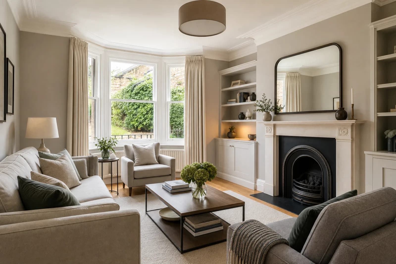 A pristine living room with a bay window and period fireplace in a British detached family home just after a professional clean