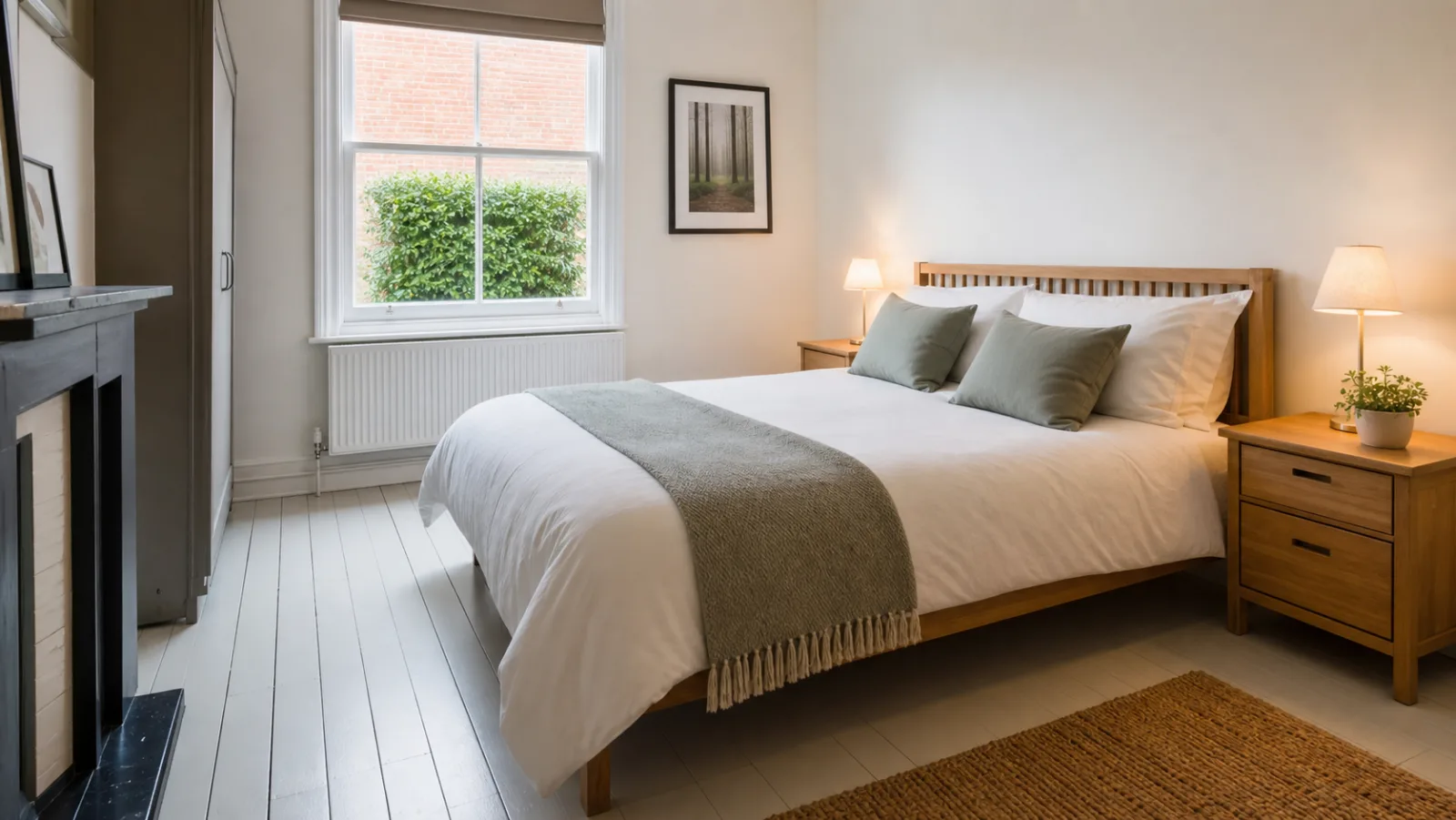 A freshly cleaned, spotless bedroom with painted floorboards and a neatly made bed in a British red-brick terraced house, bright overcast daylight, everything g