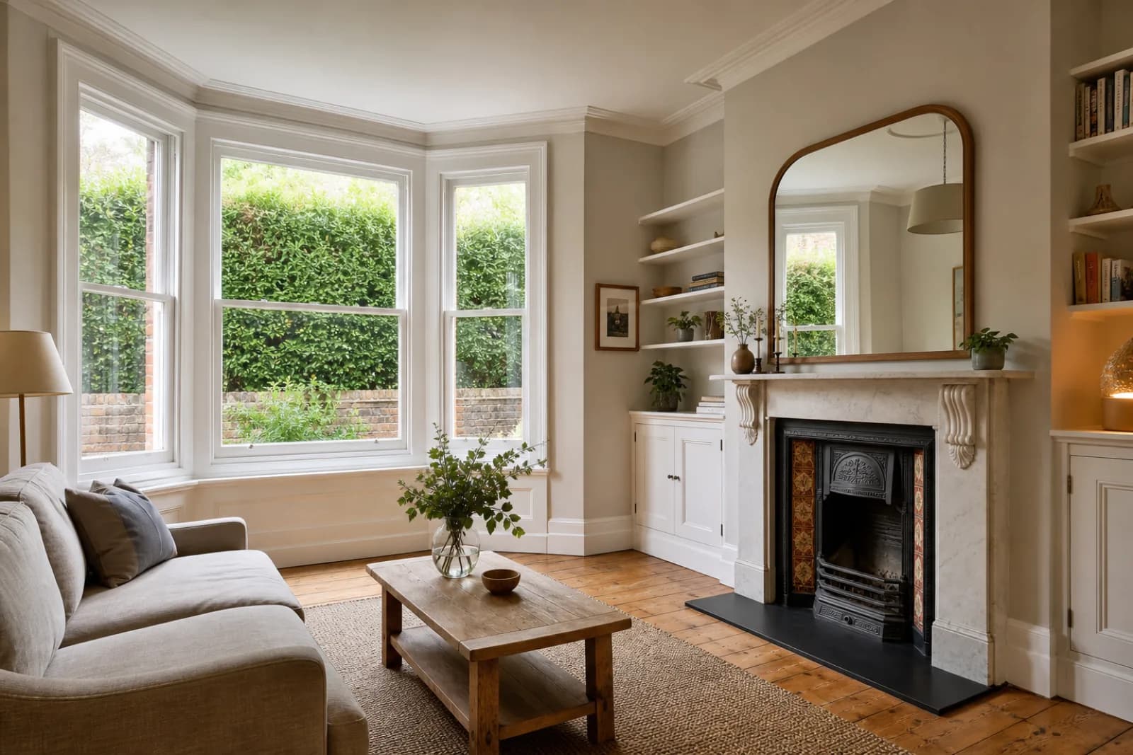 A pristine living room with a bay window and period fireplace in a British red-brick terraced house just after a professional clean, bright overcast daylight, s