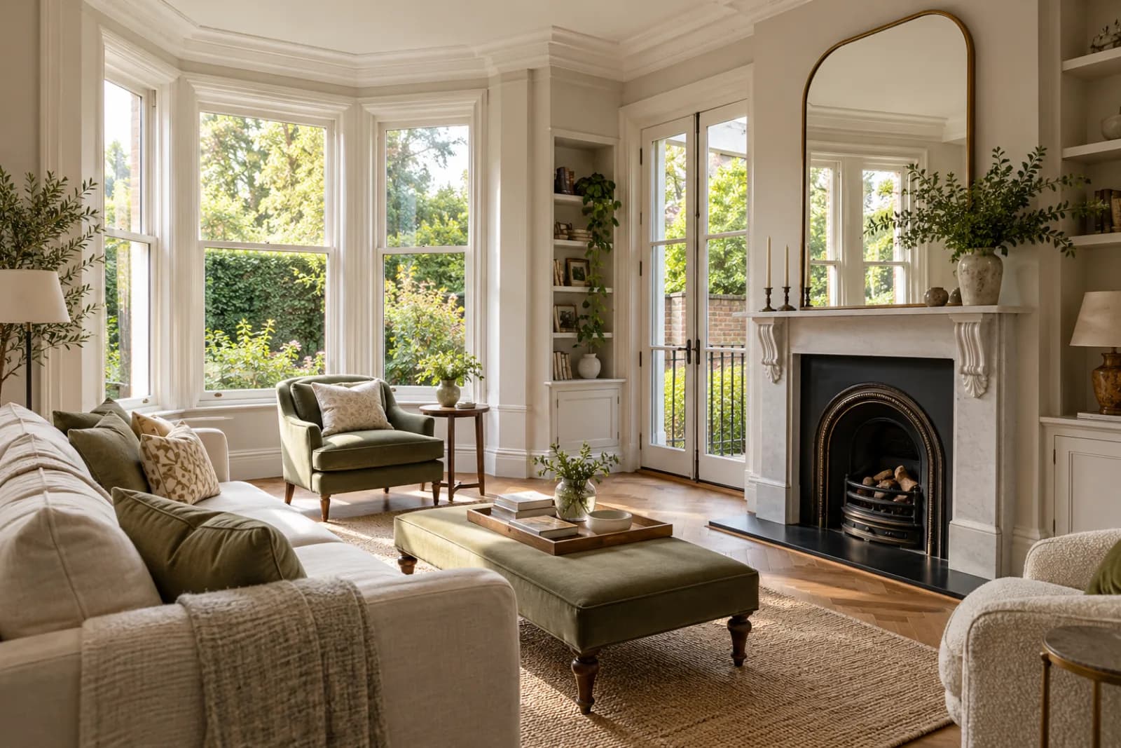 A pristine living room with a bay window and period fireplace in a British modern apartment with floor-to-ceiling windows and a Juliet balcony just after a prof