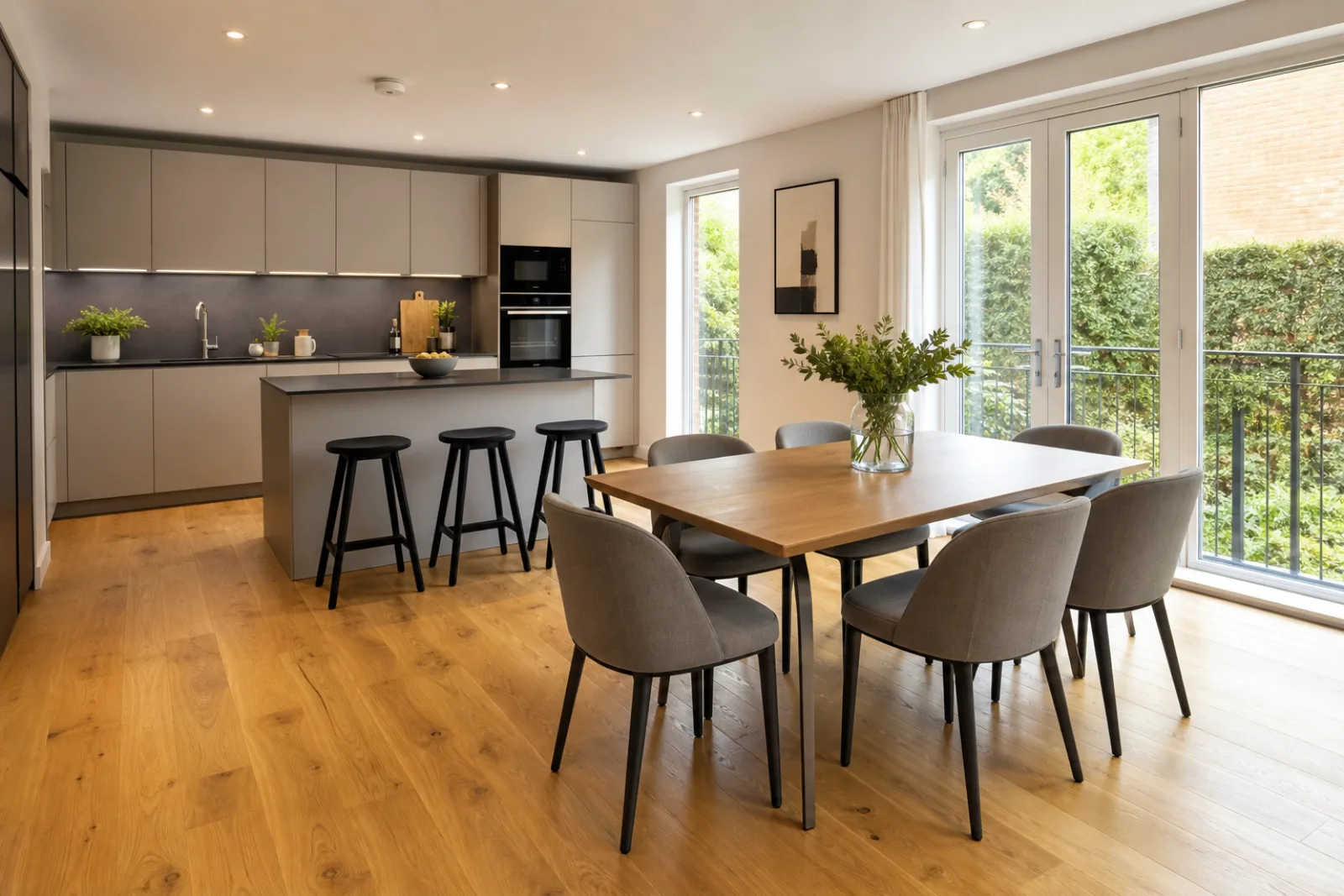A freshly cleaned, spotless open-plan kitchen diner with oak flooring in a British modern apartment with floor-to-ceiling windows and a Juliet balcony