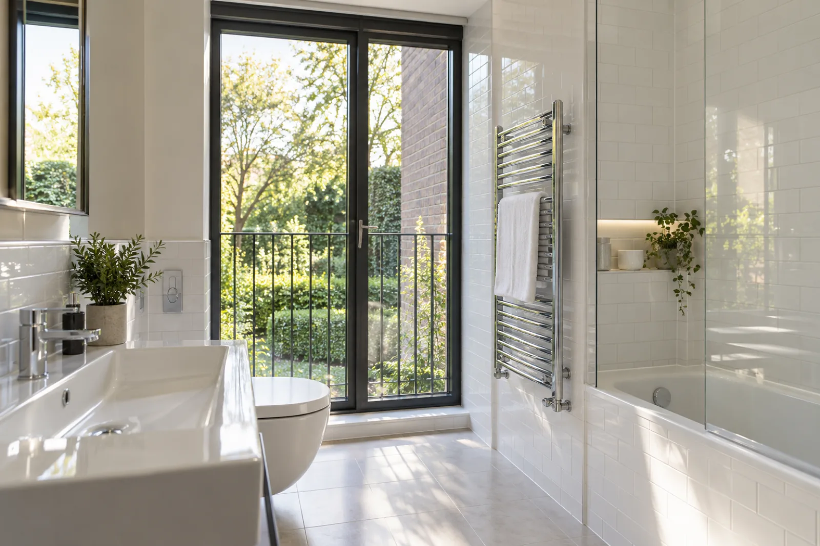 A pristine bathroom with white metro tiles and a gleaming chrome towel radiator in a British modern apartment with floor-to-ceiling windows and a Juliet balcony