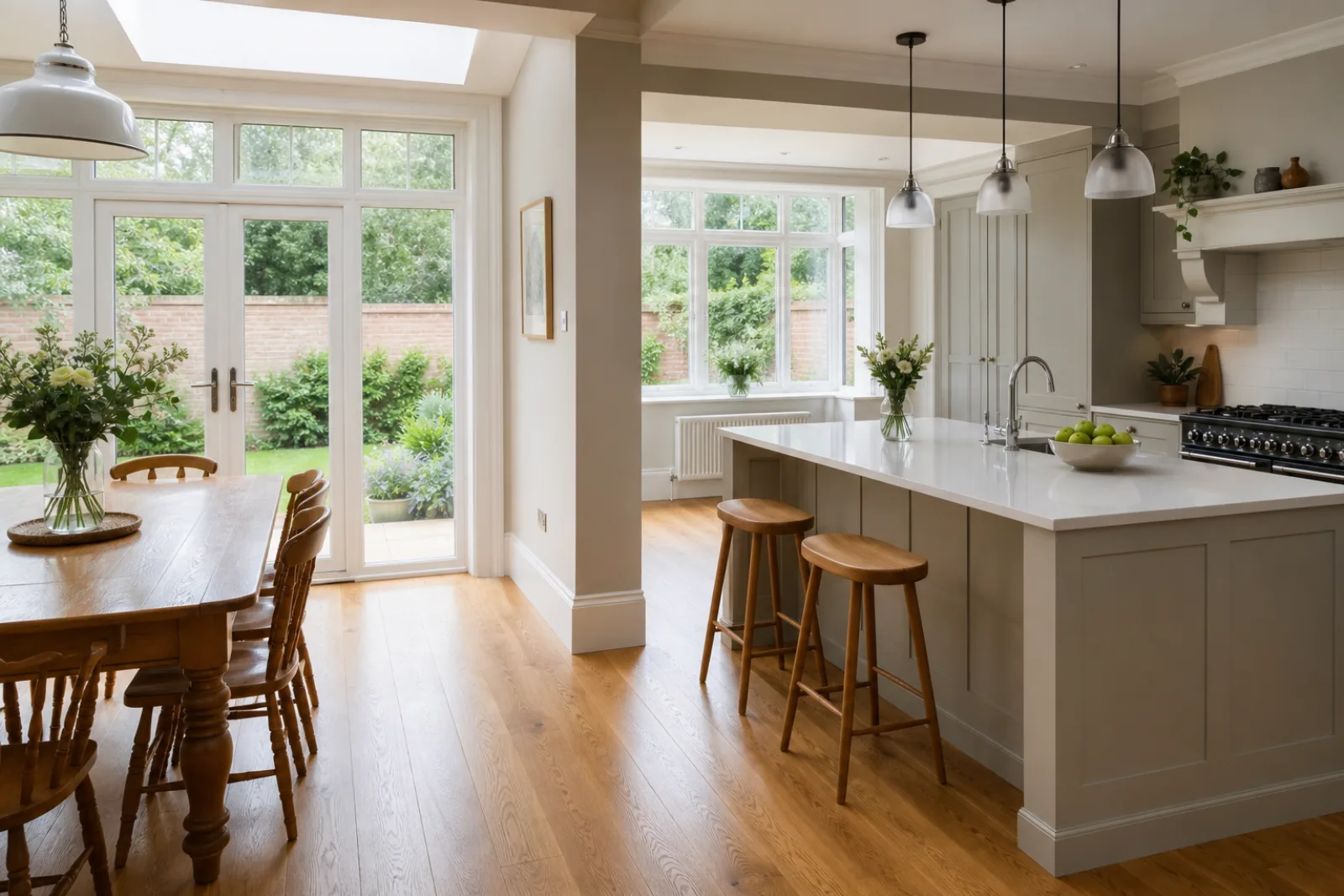 A freshly cleaned, spotless open-plan kitchen diner with oak flooring in a British Edwardian semi-detached house, bright overcast daylight, everything gleaming 