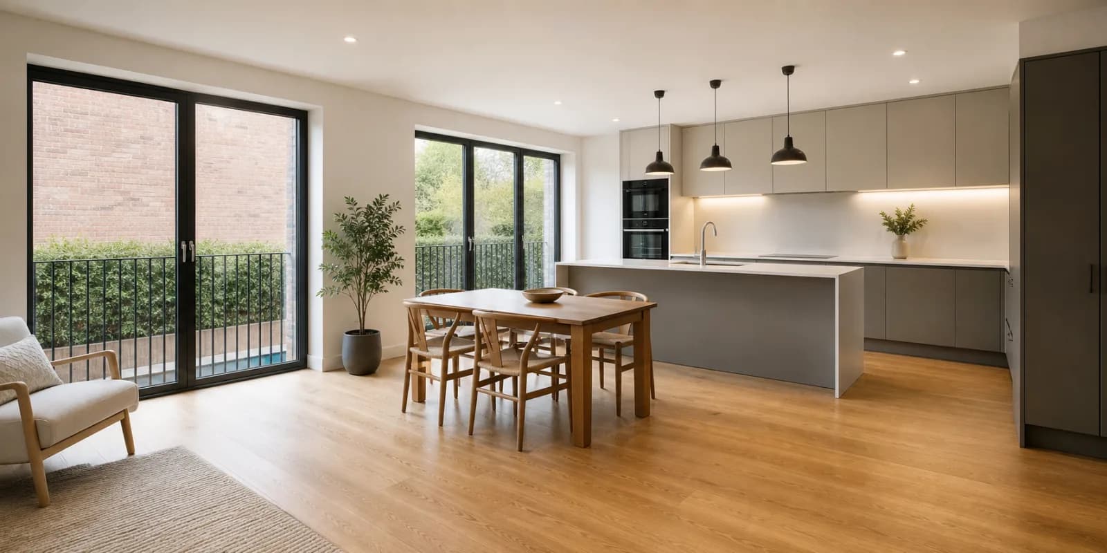 A freshly cleaned, spotless open-plan kitchen diner with oak flooring in a British modern apartment with floor-to-ceiling windows and a Juliet balcony, bright o