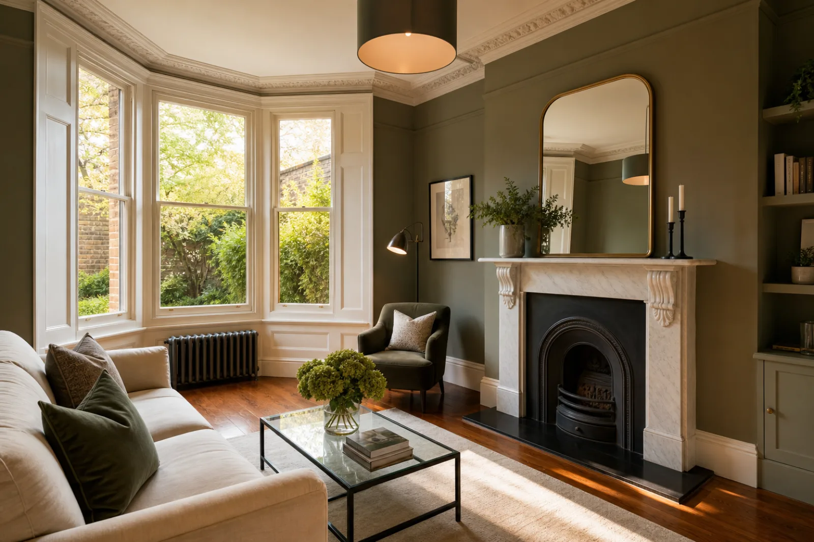 A freshly cleaned, spotless living room with a bay window and period fireplace in a British Victorian terraced house
