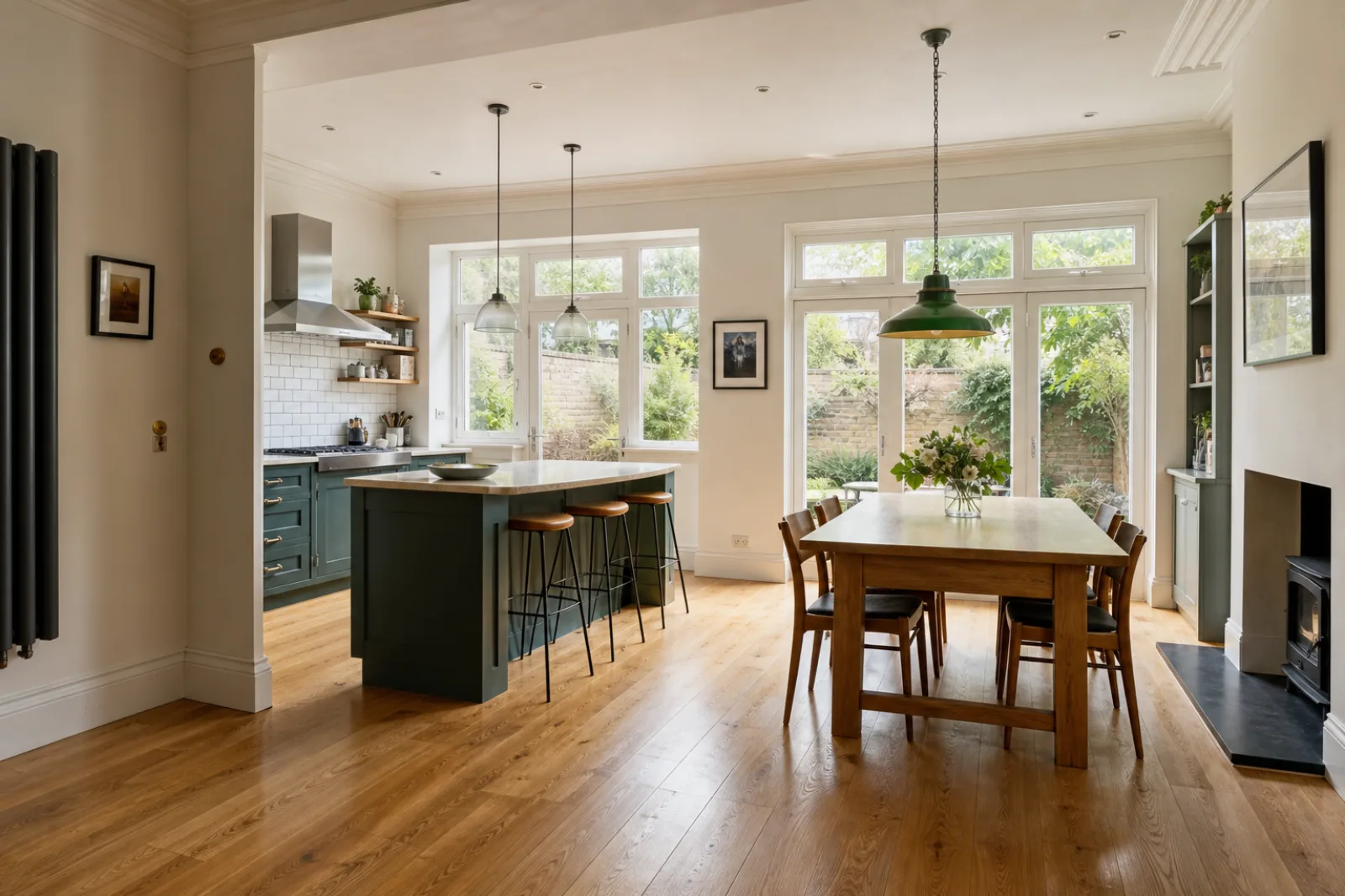 A freshly cleaned, spotless open-plan kitchen diner with oak flooring in a British Victorian terraced house