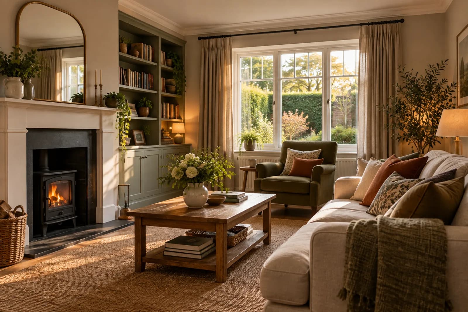 A freshly painted and decorated British living room, crisp white skirting, newly hung curtains, a mended shelf with books, everything finished and tidy, British