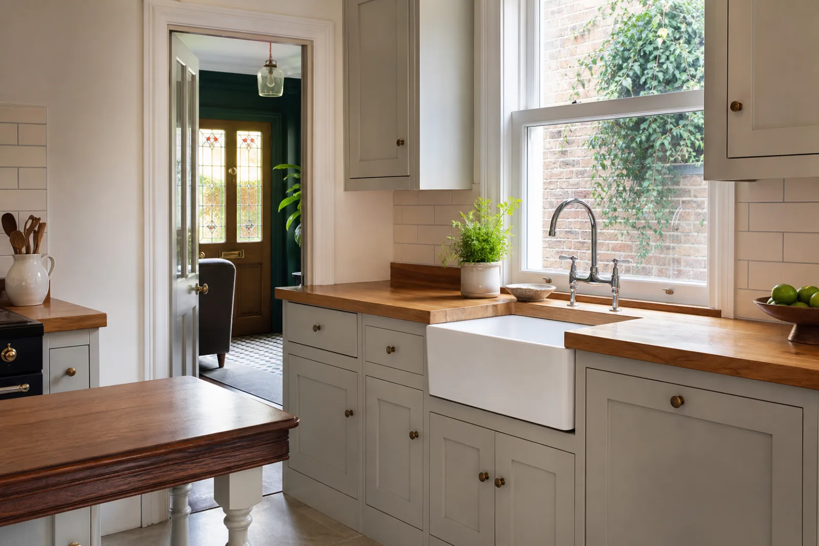 A freshly cleaned, spotless kitchen with wooden worktops and a ceramic butler sink in a British Victorian terraced house