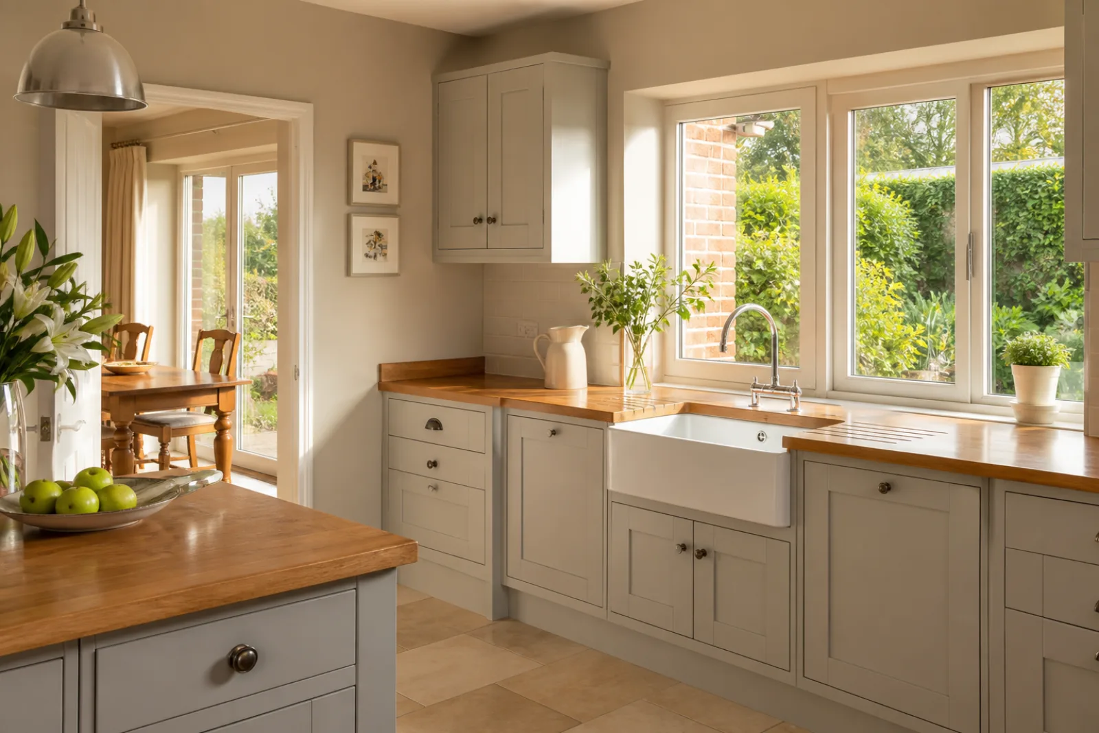 A spotless, freshly cleaned kitchen with wooden worktops and a ceramic butler sink inside a British detached family home