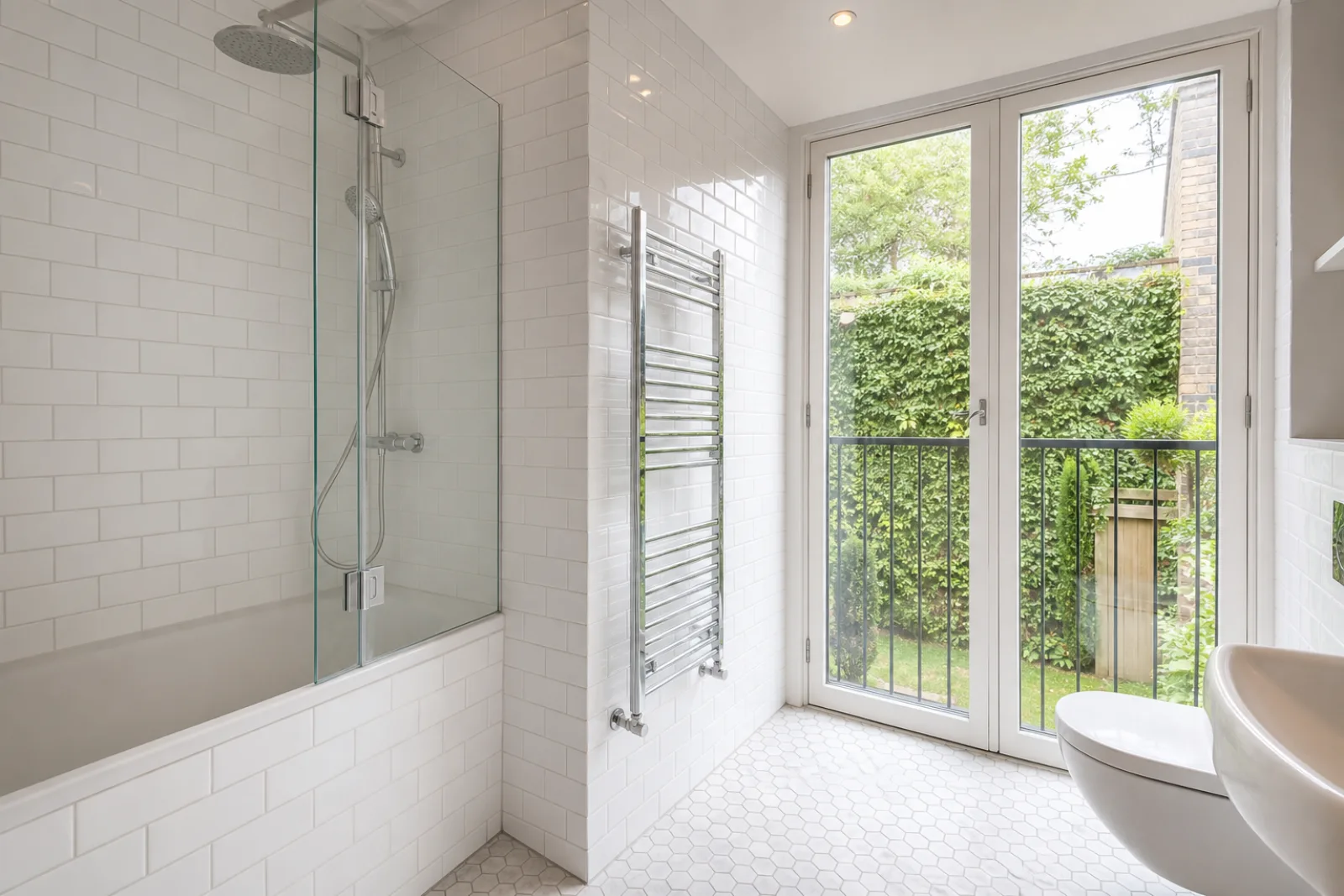 A bright, freshly cleaned bathroom with white metro tiles and a gleaming chrome towel radiator in a British modern apartment with floor-to-ceiling windows and a