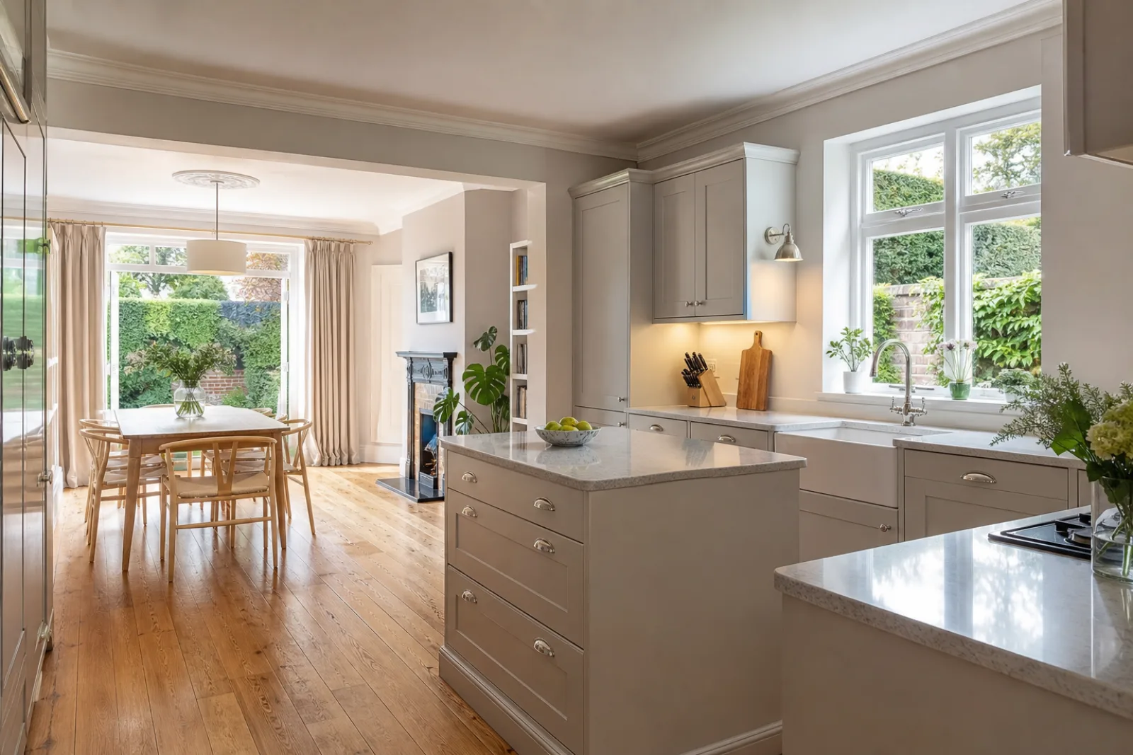 A freshly cleaned, spotless open-plan kitchen diner with oak flooring in a British Edwardian semi-detached house