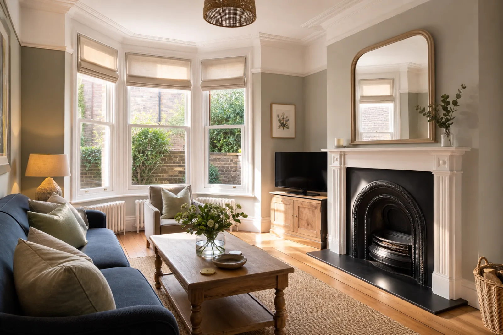 A freshly cleaned, spotless living room with a bay window and period fireplace in a British Victorian terraced house