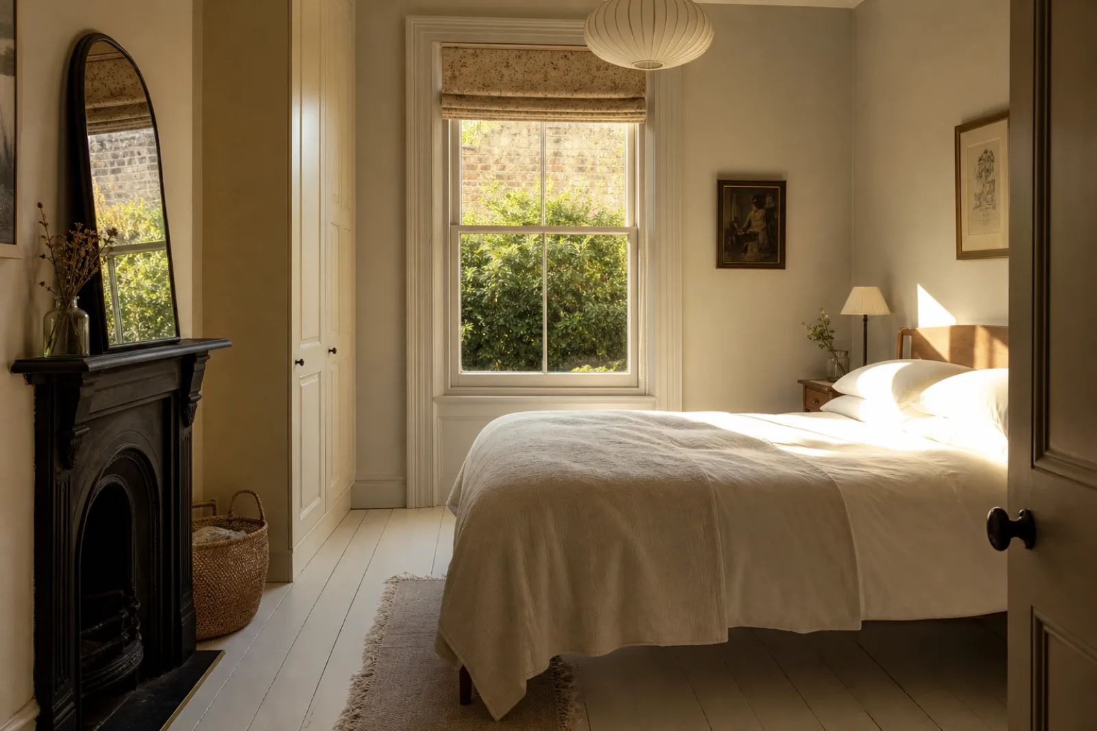 A pristine bedroom with painted floorboards and a neatly made bed in a British Victorian terraced house just after a professional clean