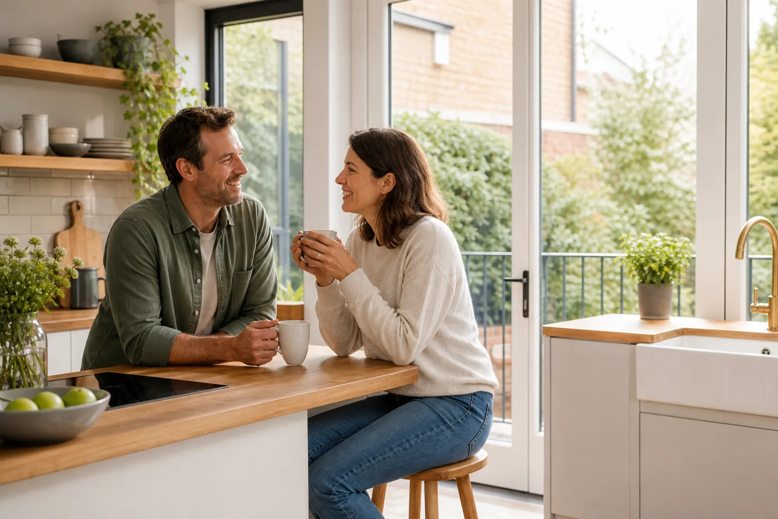 A couple chatting happily over tea in their tidy kitchen in a freshly cleaned kitchen with wooden worktops and a ceramic butler sink of a British modern apartme