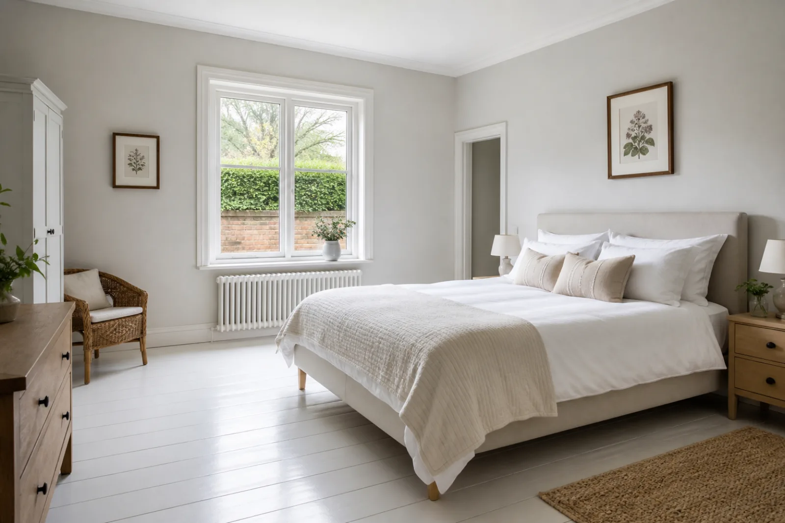A freshly cleaned, spotless bedroom with painted floorboards and a neatly made bed in a British detached family home