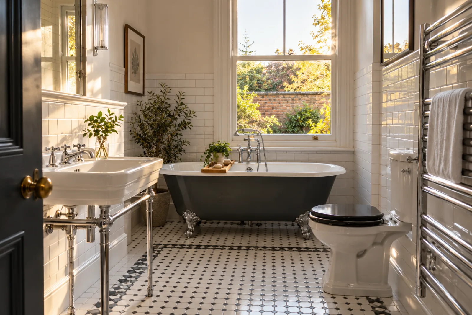 A freshly cleaned, spotless bathroom with white metro tiles and a gleaming chrome towel radiator in a British Victorian terraced house