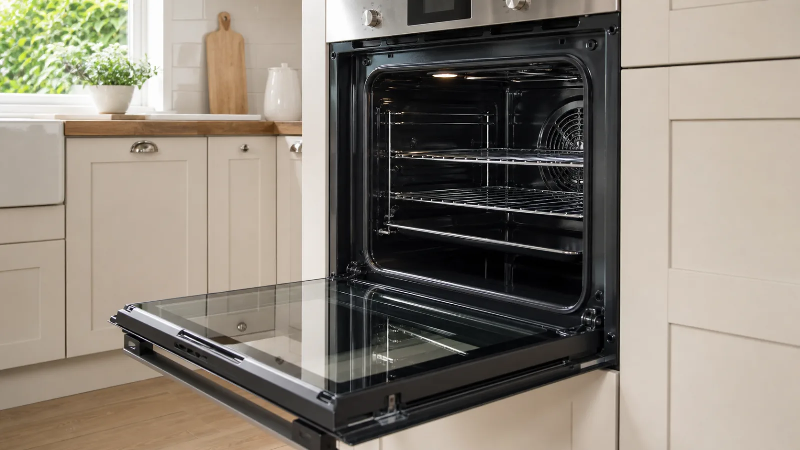 An open British oven door showing a spotless, gleaming, like-new interior, racks shining, in a tidy kitchen, bright overcast daylight